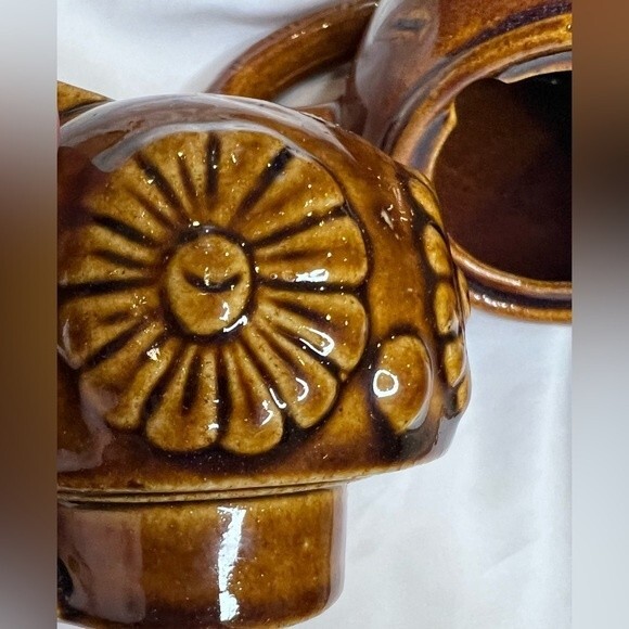 Vintage Boho Owl Teapot Brown Glazed Ceramic 70s Owl 1 Cup w/ Lid 5 3/4" Tall - Picture 6 of 11